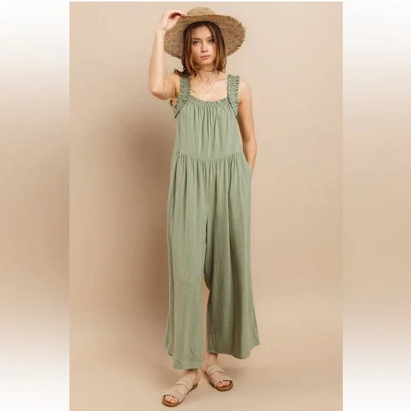 18 Solid Ruffle Strap Wide Leg Jumpsuit - Picture 5 of 9